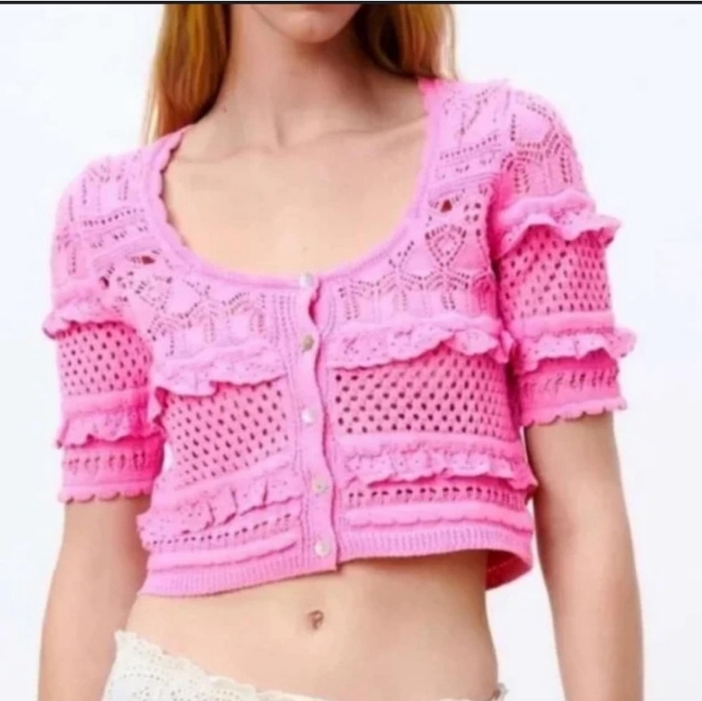 (S)Final!🎀Zara Pretty In Pink🎀 Frilly Crochet Knit Crop Cardigan👚 Ptp18"×L17"